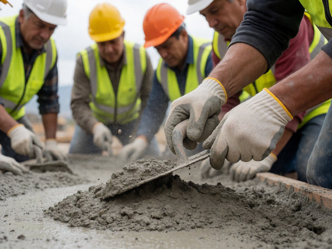 Gloved hands operating a concrete mixer on a construction site with workers in the background and dust in the air