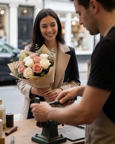 A smiling customer holds a fresh bouquet of roses at a florist shop while the florist works in the background.