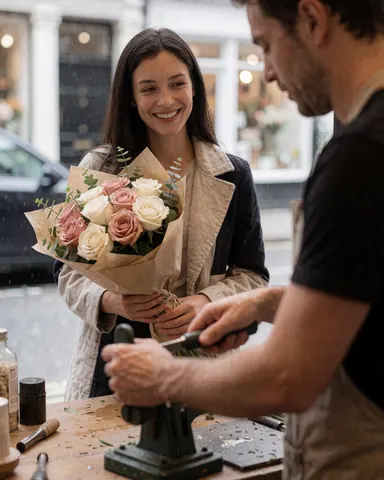 A smiling customer holds a fresh bouquet of roses at a florist shop while the florist works in the background.