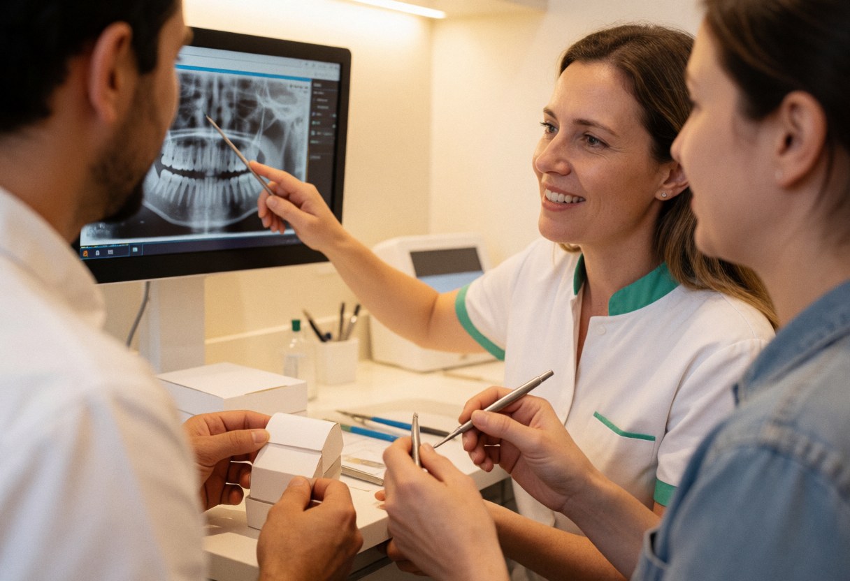 A dentist shows a dental x-ray to a couple in a clinic, using professional tools under warm lighting during a consultation.