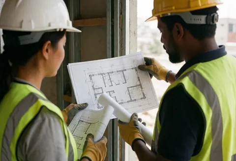 An architect in safety gear holds and reviews construction blueprints while standing on a building site during the day