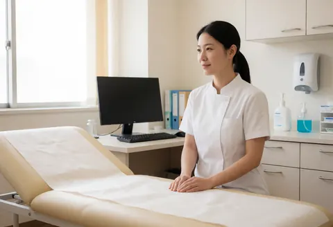 Healthcare professional in medical clinic with exam beds, computer, disinfectant, natural light, clean professional environment.