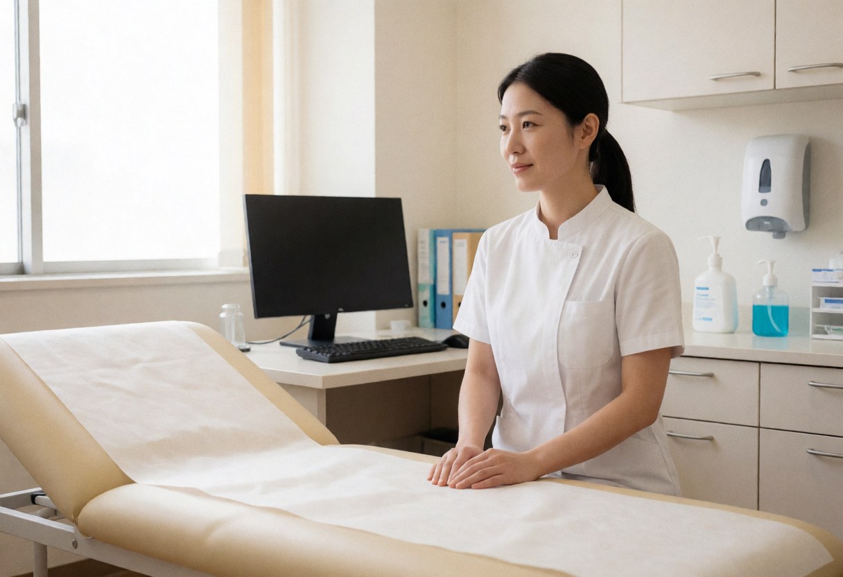Healthcare professional in medical clinic with exam beds, computer, disinfectant, natural light, clean professional environment.
