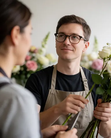 Florist wearing glasses and apron arranging roses with scissors, soft blurred flower background, professional and cozy floral shop interior.