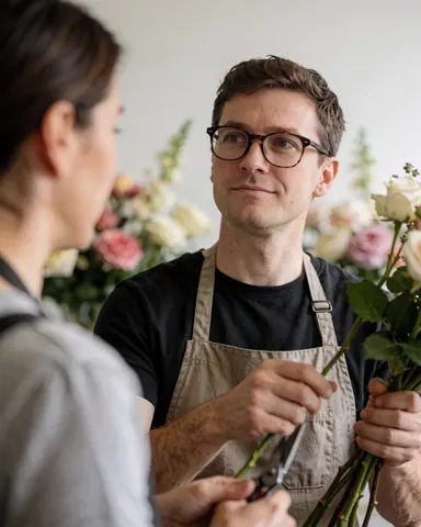 Florist wearing glasses and apron arranging roses with scissors, soft blurred flower background, professional and cozy floral shop interior.