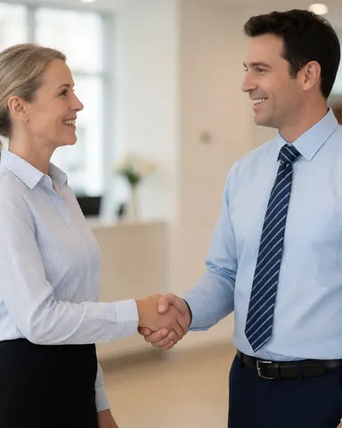 A smiling woman and man in professional attire shake hands in a bright office hallway, conveying trust and satisfaction in a business setting.