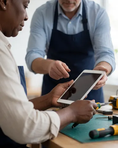 An IT support technician assists an older client with a tablet at a desk filled with tools, demonstrating professional technical help.