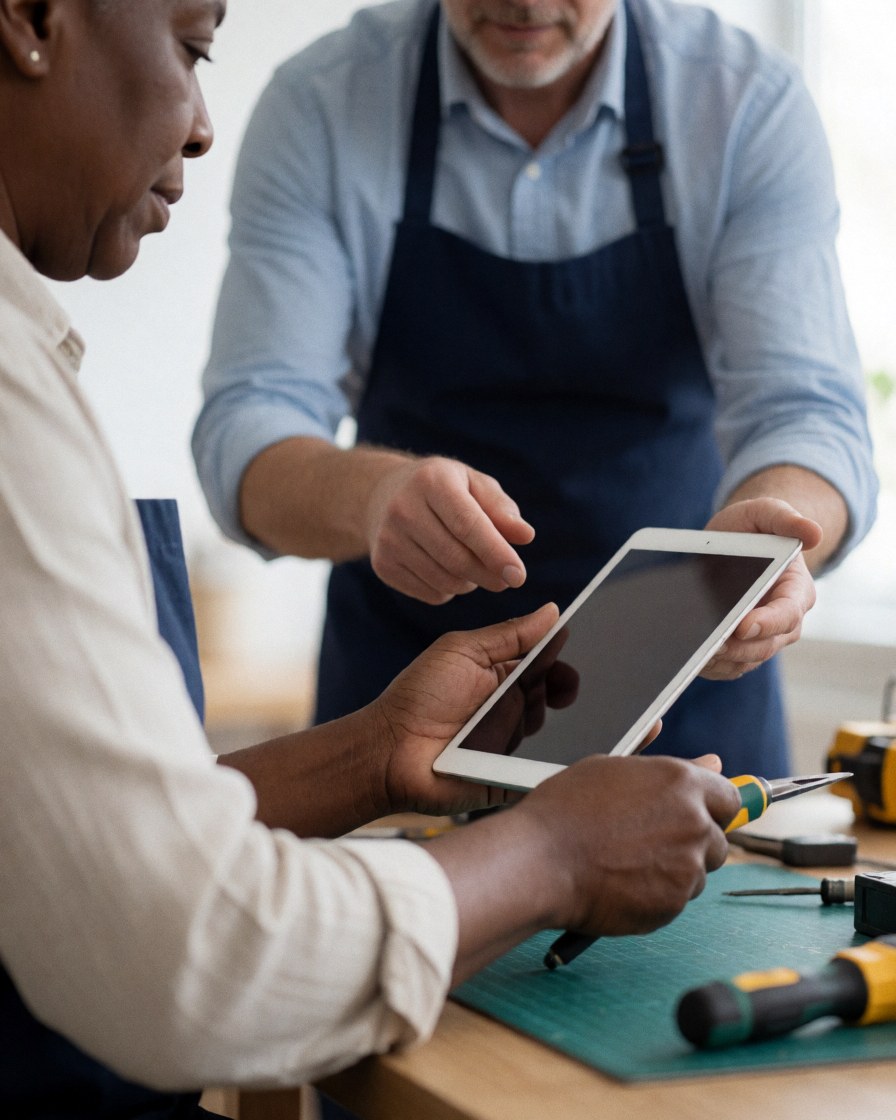An IT support technician assists an older client with a tablet at a desk filled with tools, demonstrating professional technical help.