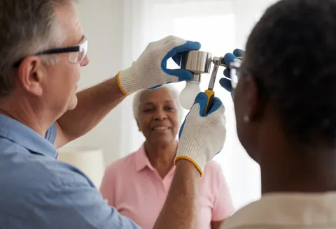 An electrician wearing gloves and safety glasses installs a light bulb while a woman watches closely in a bright interior.