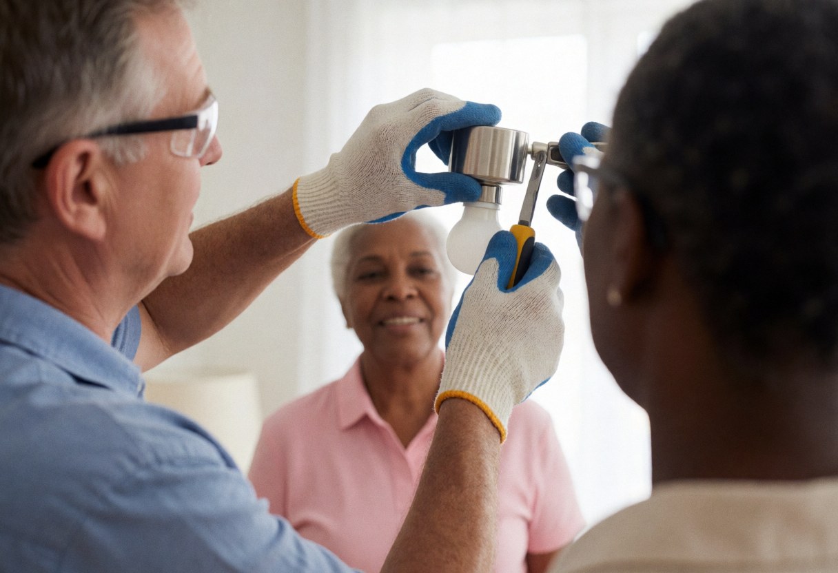 An electrician wearing gloves and safety glasses installs a light bulb while a woman watches closely in a bright interior.