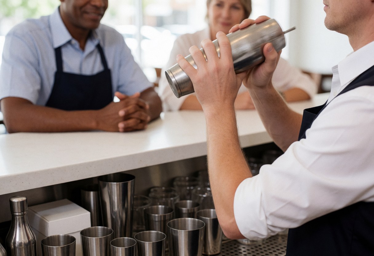 Bartender preparing a cocktail with a shaker, hands in action, blurred background with customers seated at the bar.