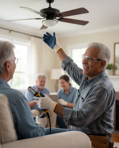 Electrician wearing gloves and safety glasses installs a ceiling fan in a sunlit living room while a happy customer sits on a sofa in the background.