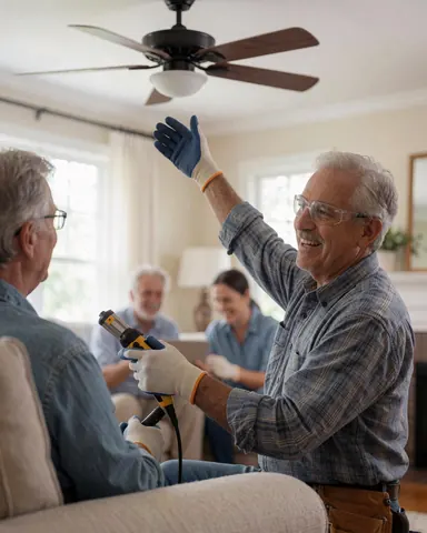 Electrician wearing gloves and safety glasses installs a ceiling fan in a sunlit living room while a happy customer sits on a sofa in the background.
