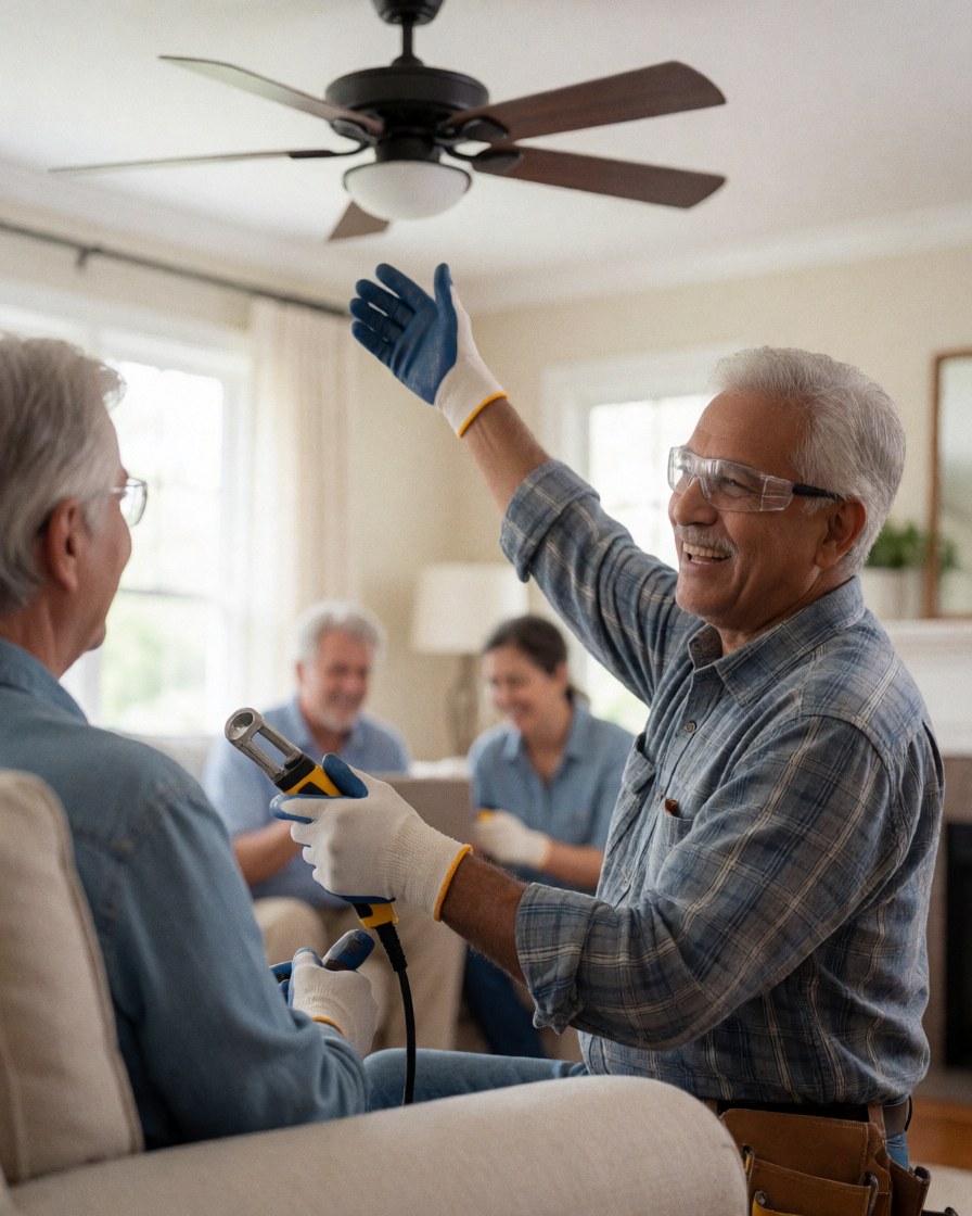 Electrician wearing gloves and safety glasses installs a ceiling fan in a sunlit living room while a happy customer sits on a sofa in the background.