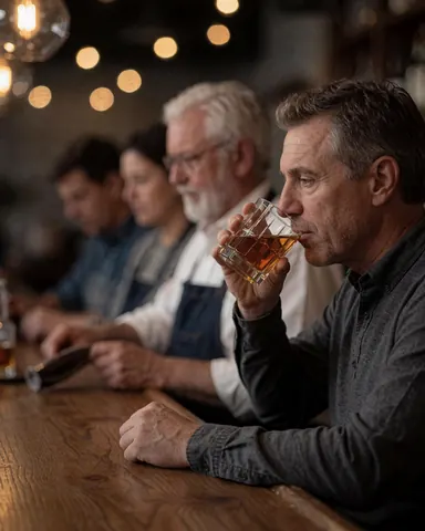A man sips neat whisky at a wooden bar counter with warm lighting and blurred background bokeh in a relaxed atmosphere