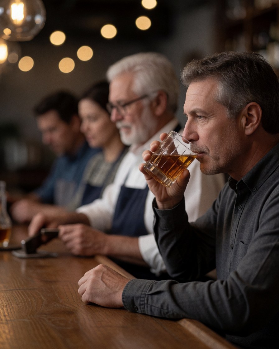 A man sips neat whisky at a wooden bar counter with warm lighting and blurred background bokeh in a relaxed atmosphere