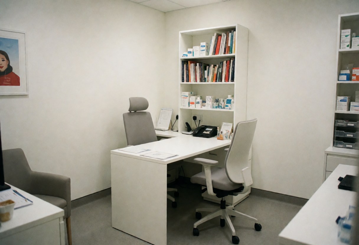 Modern medical office with white desk, ergonomic chairs, bookshelves with books and medications, neutral lighting, and a clean professional atmosphere.