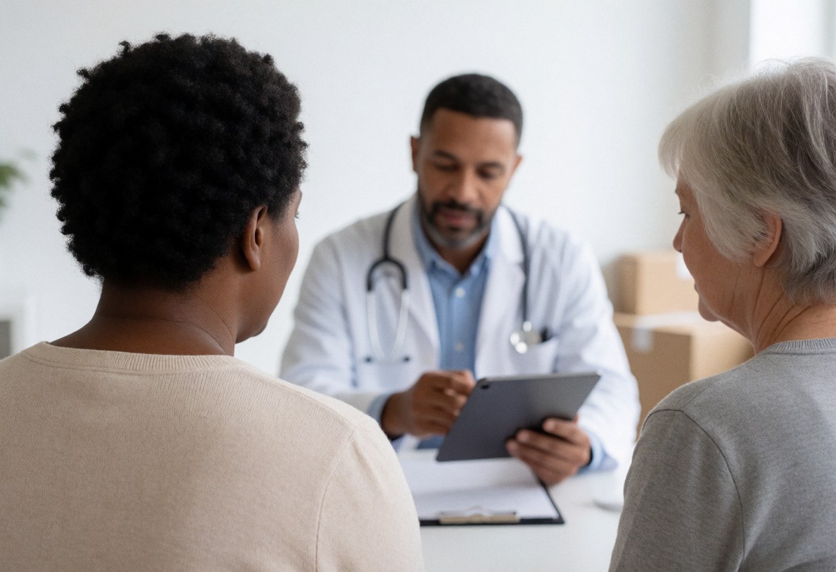 A doctor with a stethoscope shows information on a tablet to two seated patients in a modern clinic.