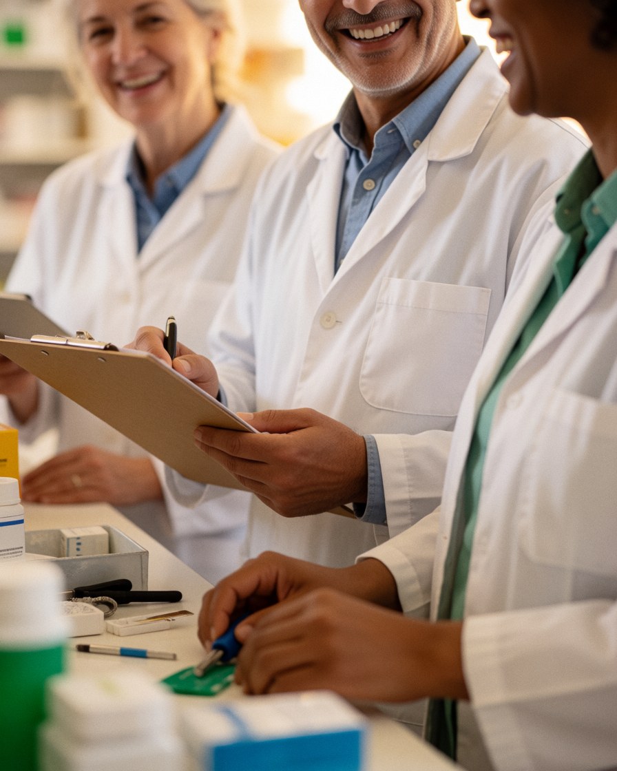 Three pharmacists in white uniforms working together in a clean pharmacy, one holding a whiteboard and pen, another with a tool and product, in a professional environment.