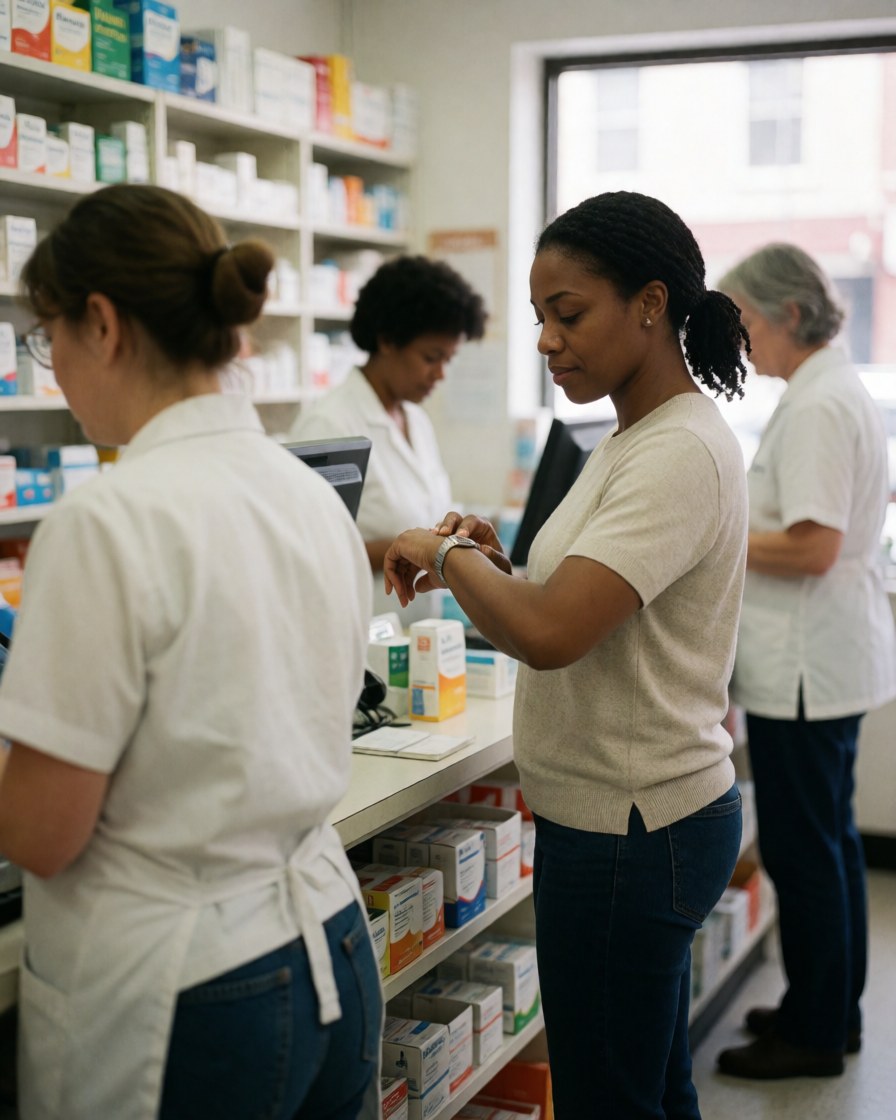 A satisfied customer checks their watch while receiving medication from a pharmacist at a quiet pharmacy counter with shelves of medicine in the background.