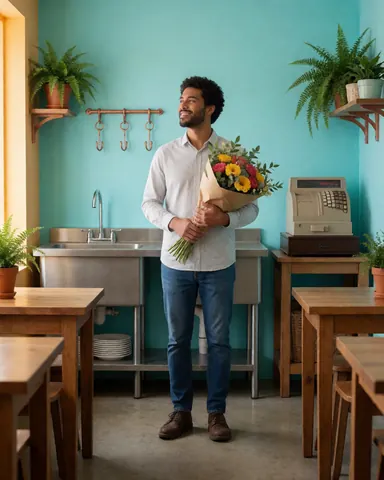 A smiling customer holding a fresh flower bouquet inside a cozy florist shop with turquoise walls, wooden tables, and a vintage cash register.