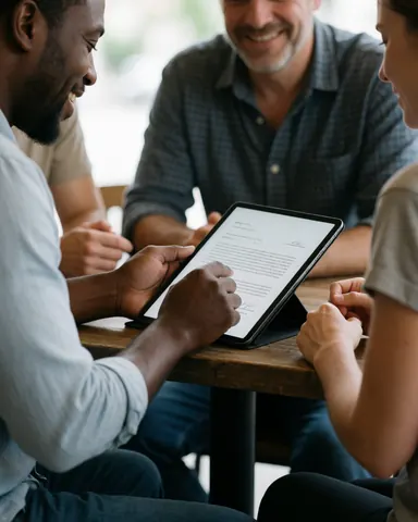 Smiling customer and seller signing a deal on a tablet at a cafe table, showing satisfaction and success in the negotiation.