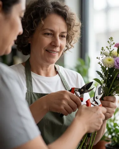 A smiling female florist uses scissors to arrange flowers in a bright shop with natural window light and green foliage visible.