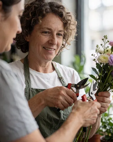 A smiling female florist uses scissors to arrange flowers in a bright shop with natural window light and green foliage visible.