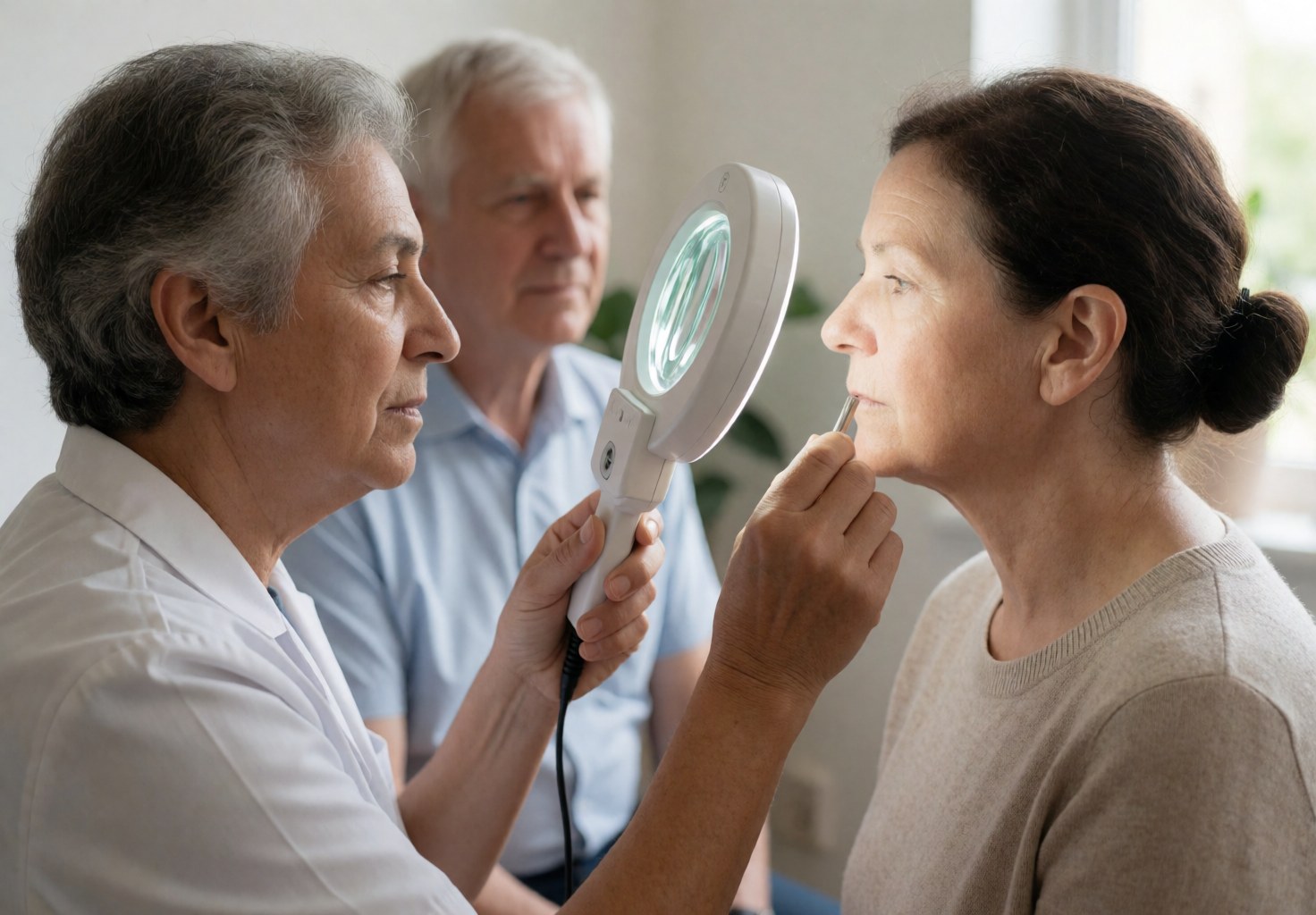 Aesthetic specialist examines a client's skin using a magnifying glass in a clean clinical setting with soft lighting and another person observing in the background.