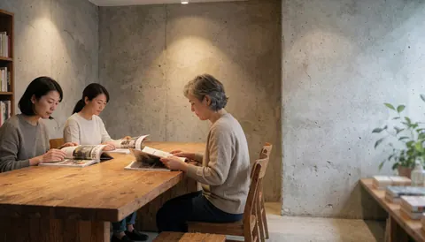 Three women read magazines at a wooden table in a bookstore with concrete walls, warm lighting, and green plants.