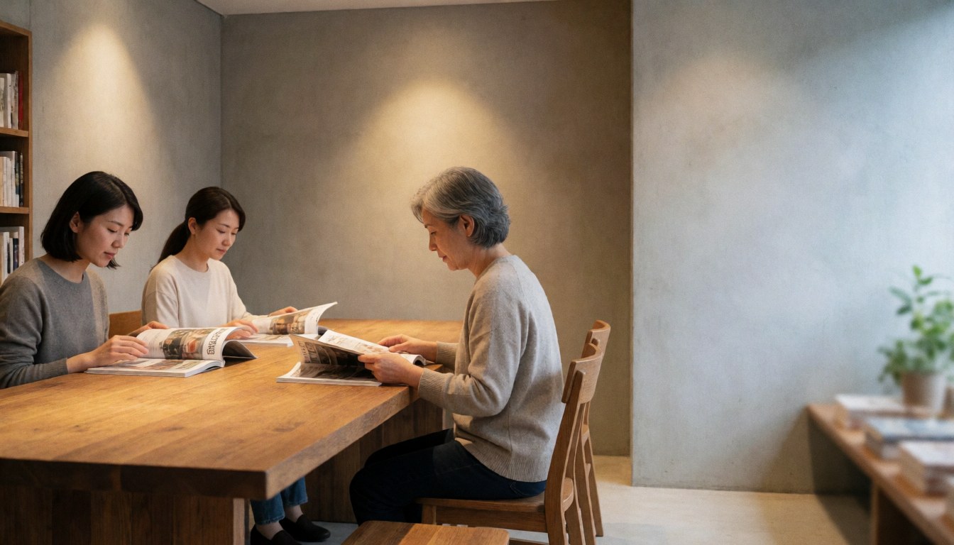Three women read magazines at a wooden table in a bookstore with concrete walls, warm lighting, and green plants.