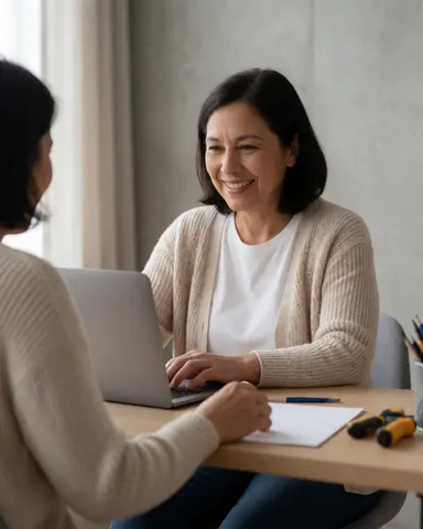 Smiling woman working on laptop at wooden desk in home office with natural light and concrete wall showing satisfaction with remote work