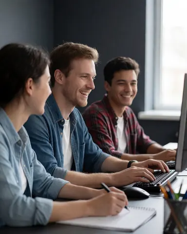 Three young developers working together on a computer in a modern office, smiling and laughing while coding with natural light from a window.