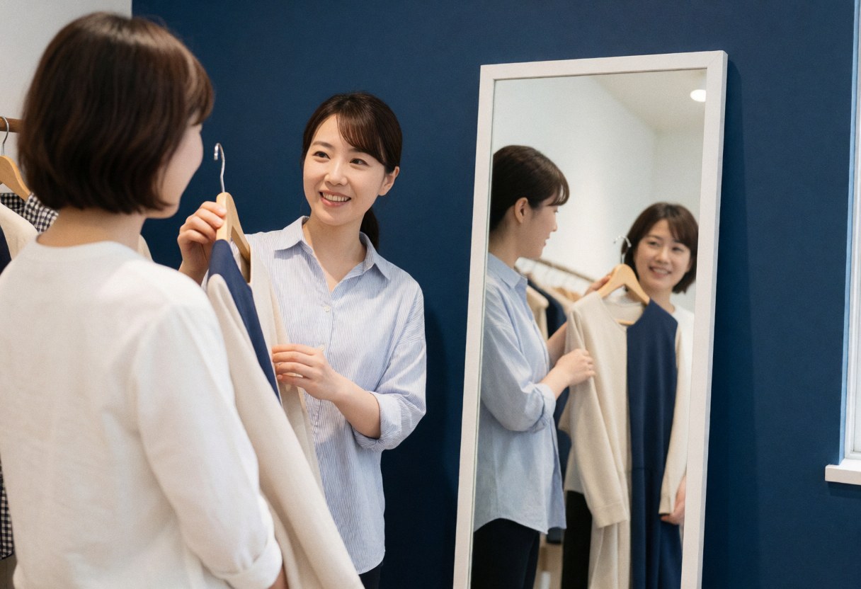 A stylist presents a garment to a smiling female client in front of a mirror inside a clothing store with blue walls and natural light.
