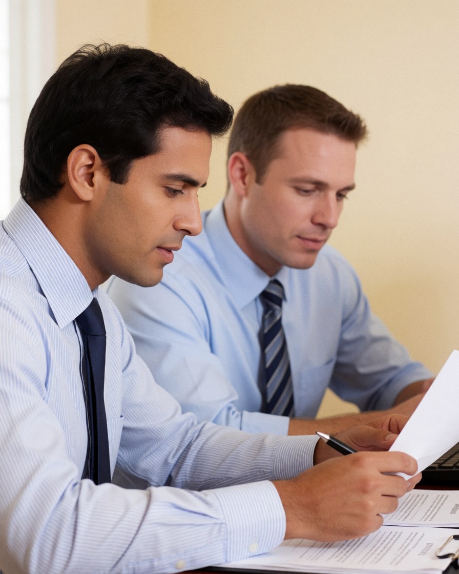 Two male colleagues review documents at a desk in a professional office setting, one holding a pen and the other holding papers, with a beige wall background.