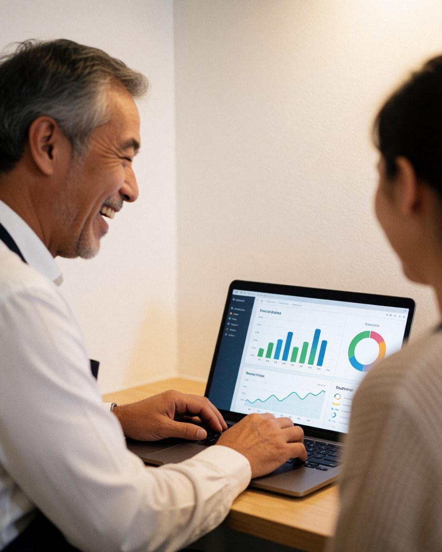 A smiling man reviews analysis charts on a laptop in a white office with a wooden desk.