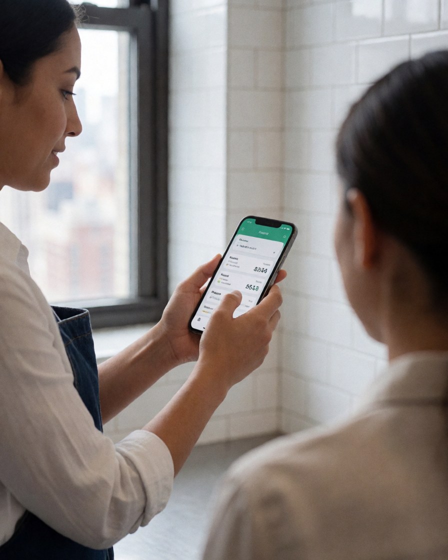 A professional woman reviews her bank account on her smartphone with a city view through her apartment window.