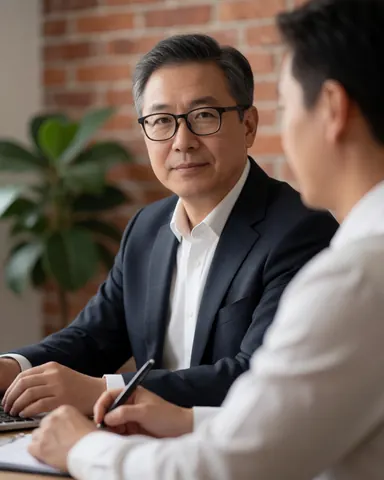Financial advisor in glasses and suit sits at a computer while talking to a client who takes notes in a notebook in an office with a brick wall and plants.