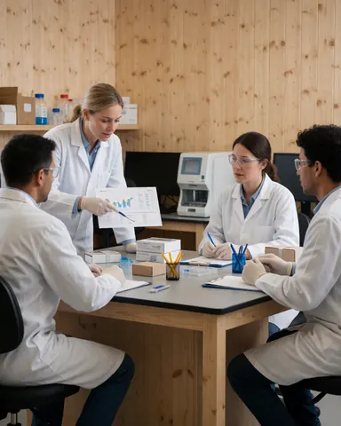 Three lab technicians reviewing a data chart at a workbench with laboratory equipment and computers in the background.