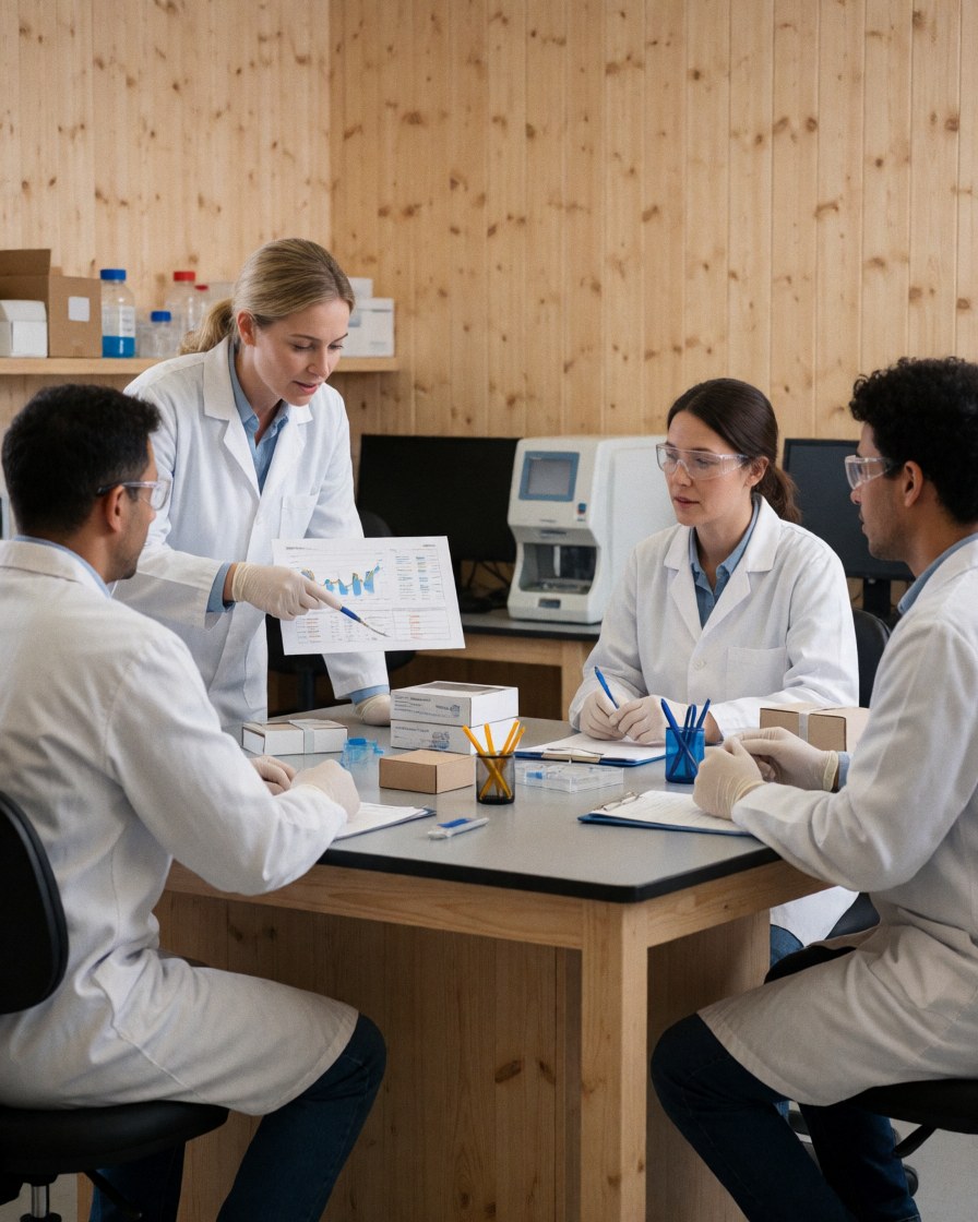 Three lab technicians reviewing a data chart at a workbench with laboratory equipment and computers in the background.