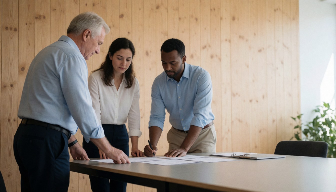 Three professionals review documents at a conference table in a modern office with wood walls and natural light.