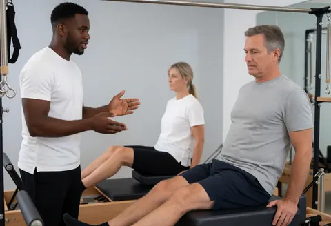 A male pilates instructor explains an exercise to a client on a reformer machine while a woman watches in a modern gym.