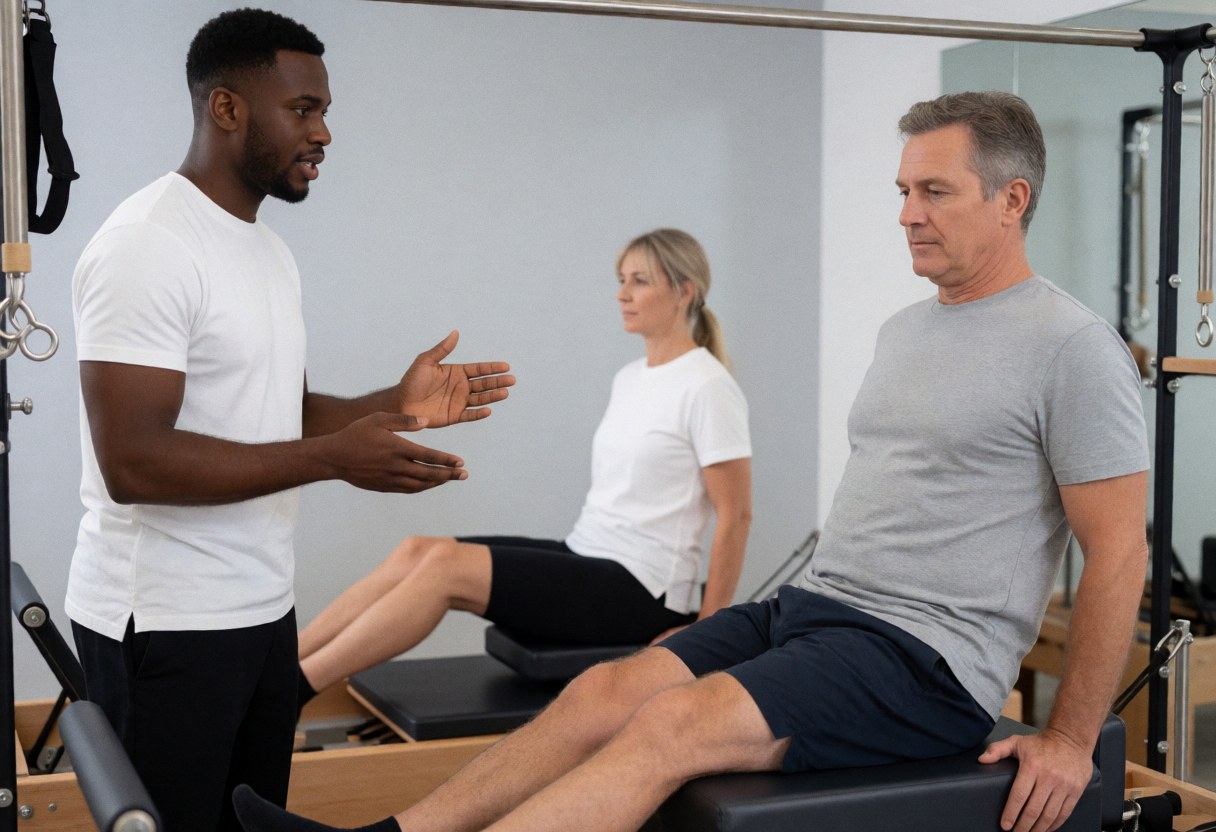 A male pilates instructor explains an exercise to a client on a reformer machine while a woman watches in a modern gym.