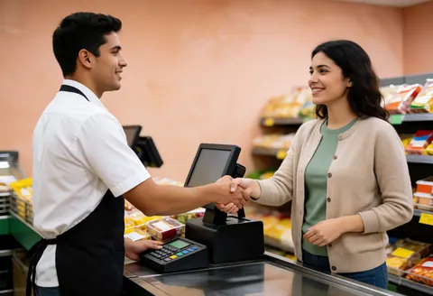 A smiling cashier and customer shake hands at the checkout counter with products visible in the background