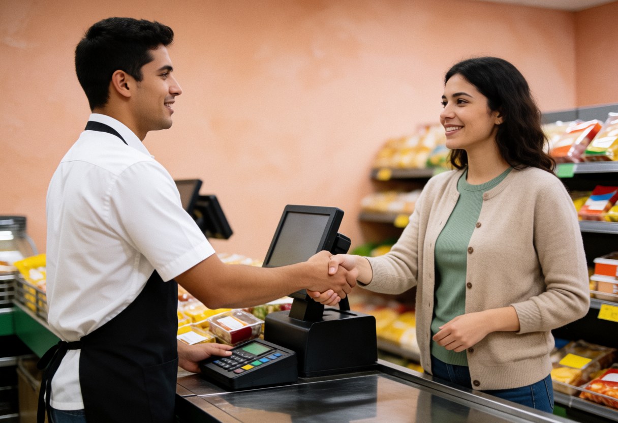 A smiling cashier and customer shake hands at the checkout counter with products visible in the background