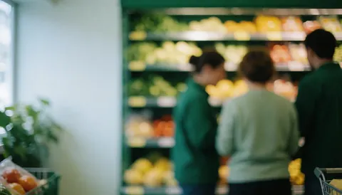 Soft focus background of grocery store aisles with shelves stocked with fruits and vegetables, ideal for text overlay in business contexts.
