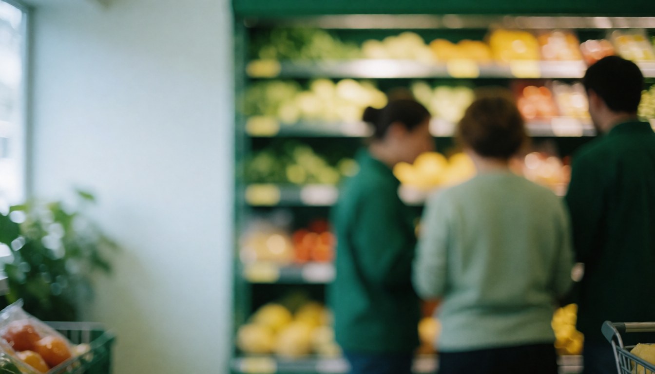 Soft focus background of grocery store aisles with shelves stocked with fruits and vegetables, ideal for text overlay in business contexts.