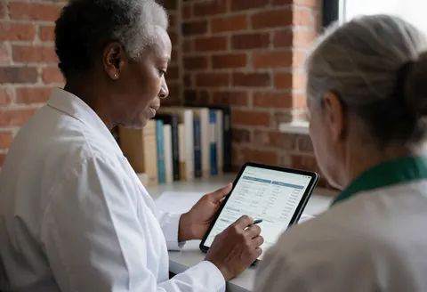 A female professional reviews information on a tablet while consulting with a patient in an office with a brick wall and books in the background.