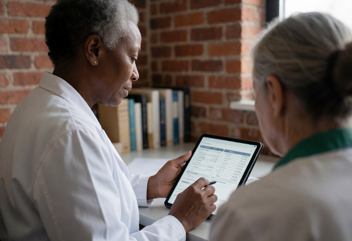 A female professional reviews information on a tablet while consulting with a patient in an office with a brick wall and books in the background.