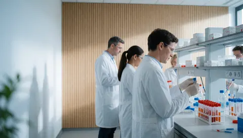 Professionals in a modern clinical laboratory handling test tubes and analysis equipment with natural light and wooden walls